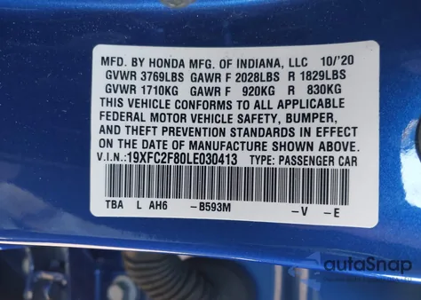 2020 Honda Civic Sport из США, поврежденный, VIN 19XFC2F80LE030413